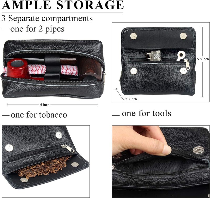 FIREDOG Leather Smoking Pipe Bag Pouch Case for 2 Pipes (Black) - Image 3